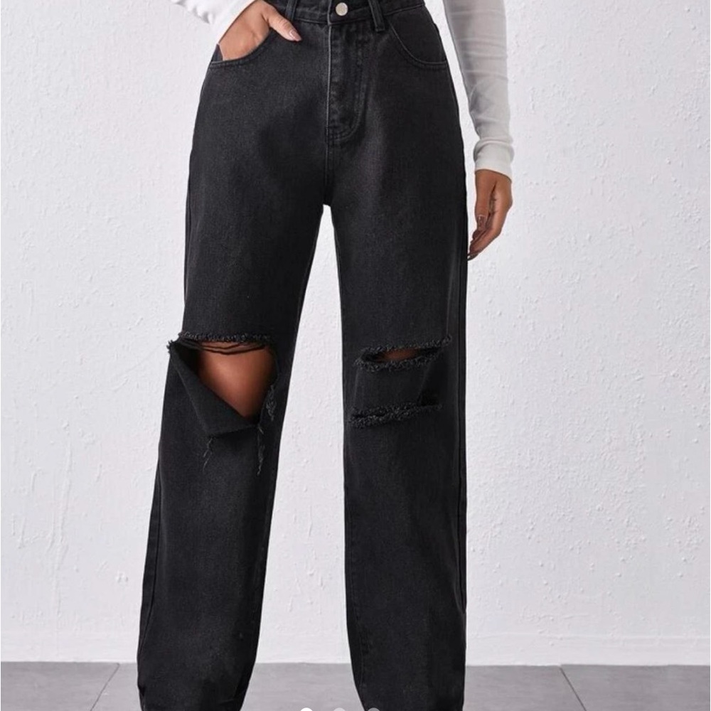 Wide Leg Ripped Jeans - Charcoal Black